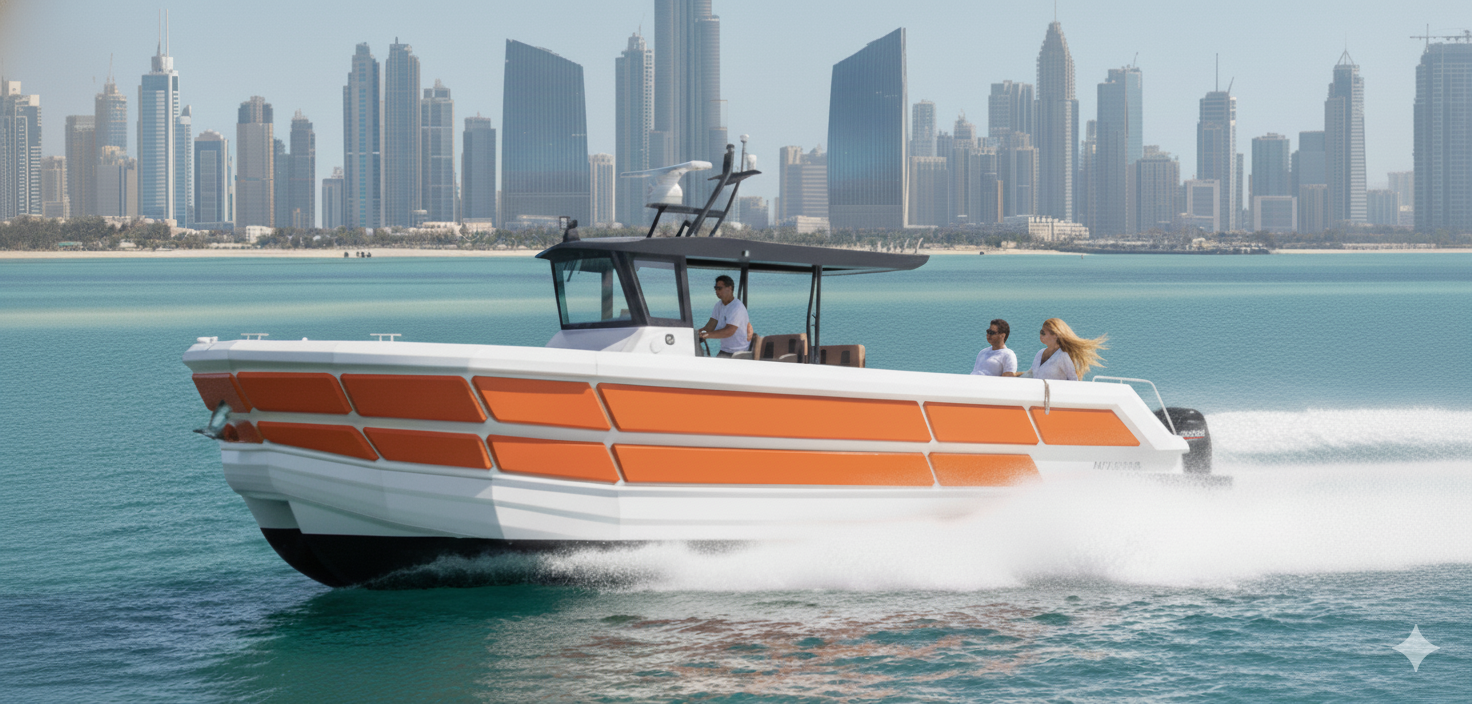 TideMaster Cat 38 luxury catamaran cruising in Dubai waters - premium aluminum boat performance